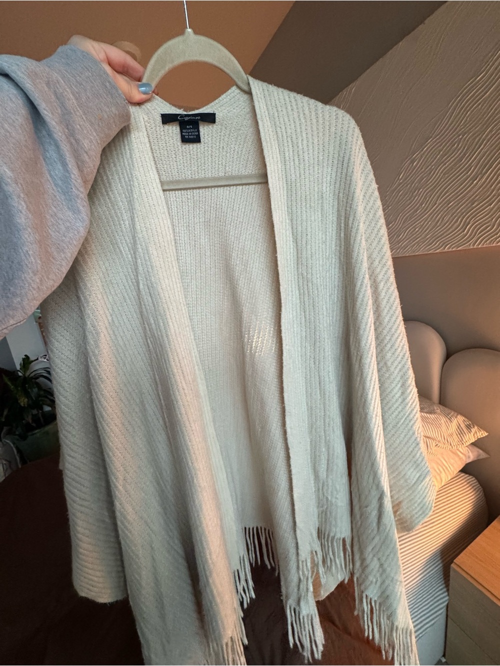 Cejon Cream Open-Front Fringe Knit Wrap
